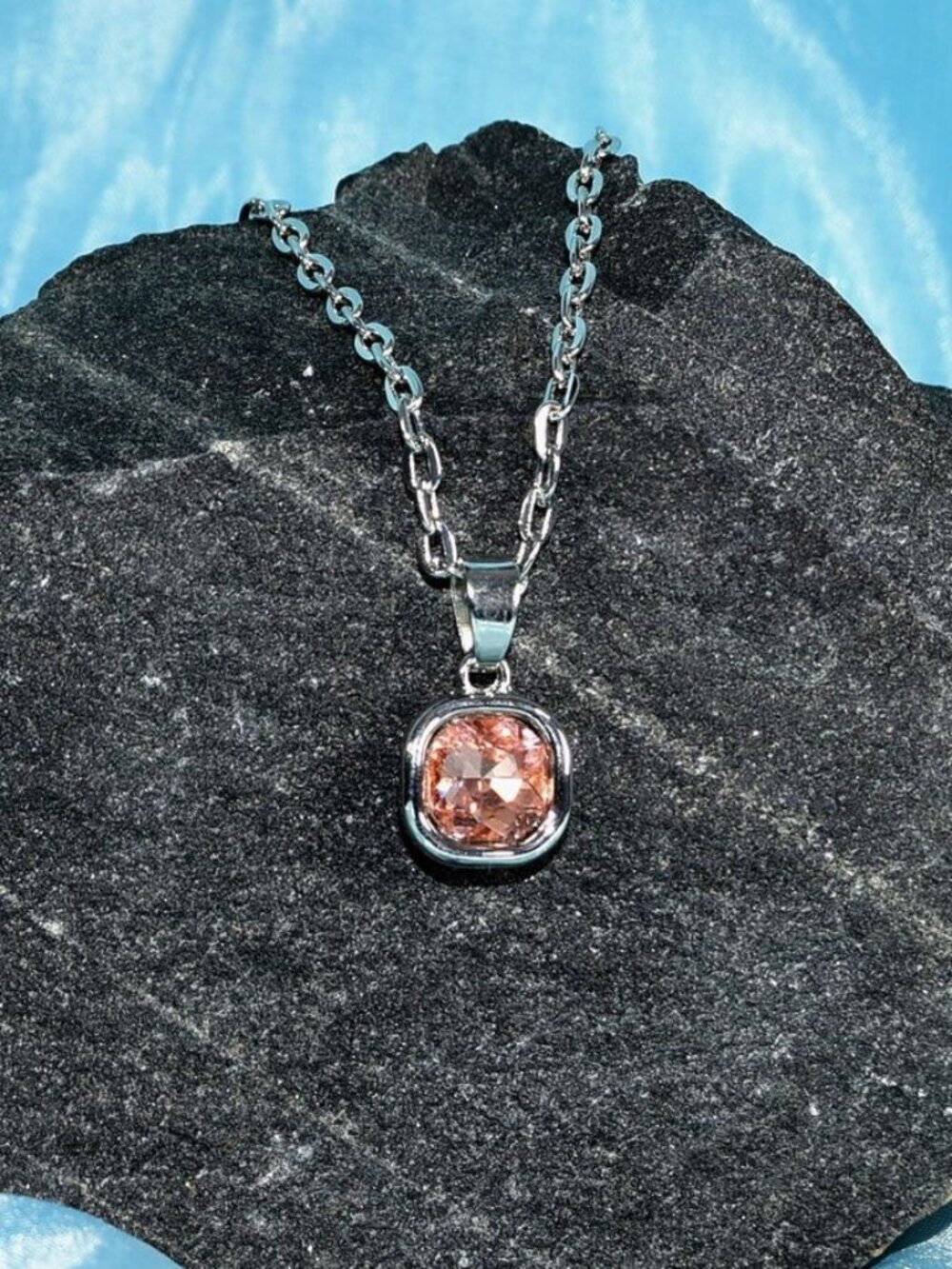 Jemma Tourmaline Pink Color Square Crystal Pendant Necklace Gift Packaged